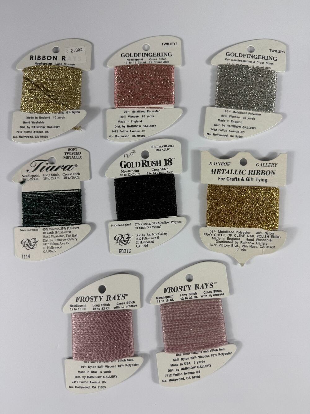 Rainbow Gallery Specialty Metallic Thread Lot 8 Cards Ribbon Rays Goldfingering